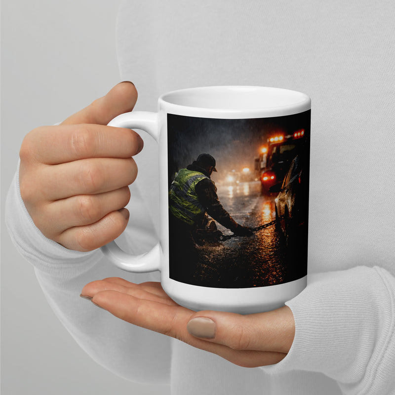 White glossy Durrett Recovery tow truck night shift mug with Psalm 30:5 inscription and handle on the left side.