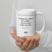 White glossy 15 oz Durrett Recovery Tow Truck Night Shift Mug with handle on the right, featuring Psalm 30:5 design.