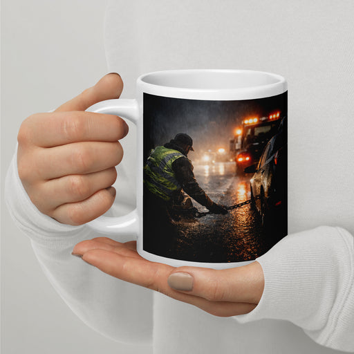 White glossy Durrett Recovery tow truck night shift mug with handle on the left, featuring Psalm 30:5 text, 20 oz capacity.