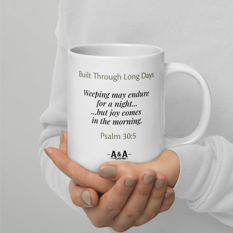 White glossy Durrett Recovery tow truck night shift mug with handle on the right, featuring Psalm 30:5 inscription.