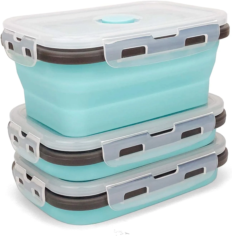 Set of 3 Collapsible Food Storage Containers with Lids, Collapsible Silicone Bowls, Silicone Lunch Containers, for Meal Prep, Camping, Travel, Microwave and Freezer Safe,500Ml,Blue