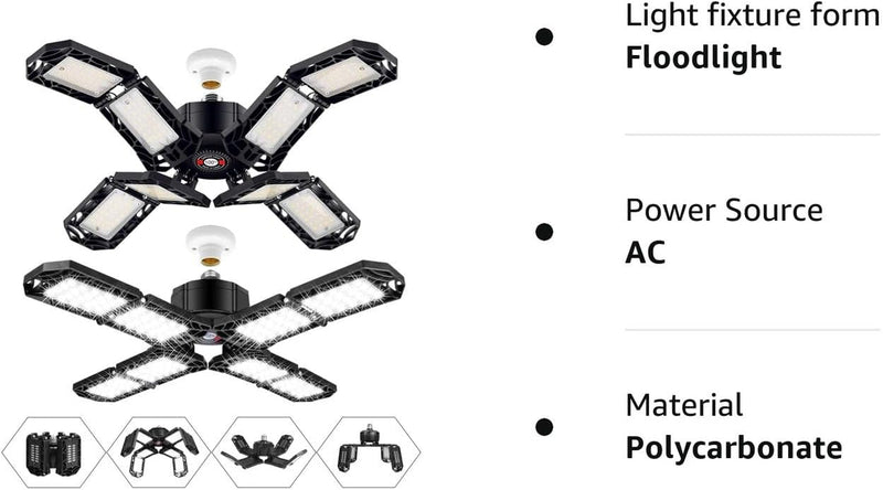 2 Pack LED Garage Light,Super Bright Screw in E26/E27 Ceiling Shop Work Lamp, 150W 15000 Lumen Deformable Basement Bulb Fixture with 8 Adjustable Panels.