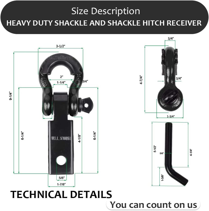 Tow Hitch Receiver 2", 45,000 Lbs Break Strength Heavy Duty Receiver with 5/8" Screw Pin, 3/4 Shackle, Towing Accessories for Vehicle Recovery Off-Road Black&Black