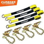 Car Tie down Straps for Trailers with Heavy Duty Chain Anchors (4 PK) - 2 Inch X 10 Feet - 3,300 Lbs Safe Working Load, Wheel Straps for Hauling Cars,Tire Straps for a Car Trailer