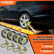 Car Tie down Straps for Trailers with Heavy Duty Chain Anchors (4 PK) - 2 Inch X 10 Feet - 3,300 Lbs Safe Working Load, Wheel Straps for Hauling Cars,Tire Straps for a Car Trailer
