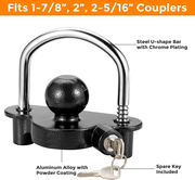Trailer Hitch Lock Universal Ball Tow Coupler Security Lock Anti-Theft Fits 1-7/8", 2", and 2-5/16" Couplers, Heavy Duty Steel for Towing Trailers Caravans, Black