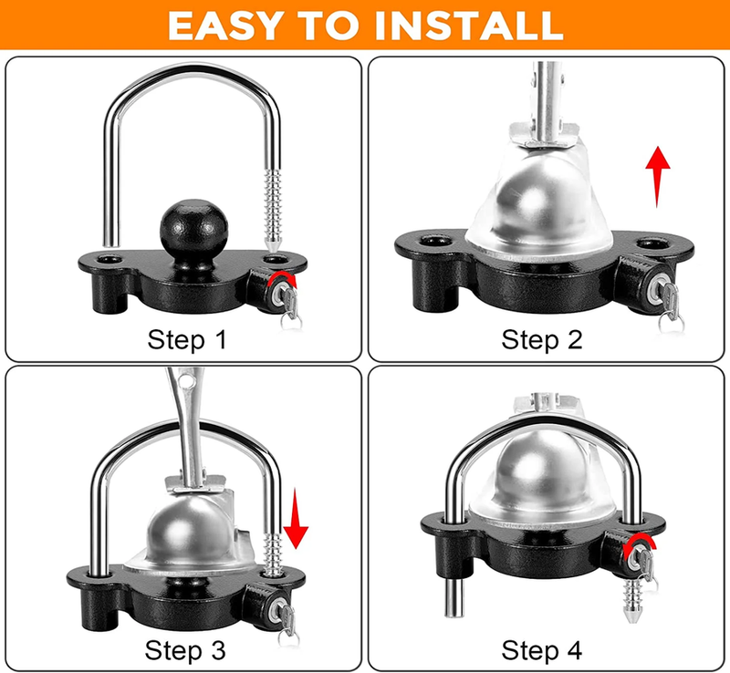 Trailer Hitch Lock Universal Ball Tow Coupler Security Lock Anti-Theft Fits 1-7/8", 2", and 2-5/16" Couplers, Heavy Duty Steel for Towing Trailers Caravans, Black